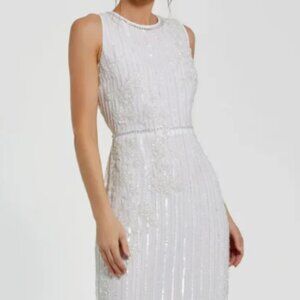 White Striped Floral Embellished Sleeveless Midi Dress